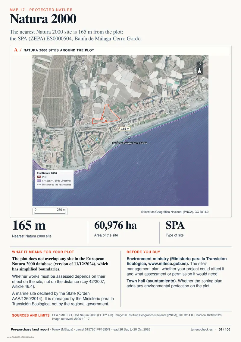 Page 56: Natura 2000. The nearest Natura 2000 site is SPA ES0000504, Bahía de Málaga-Cerro Gordo, 165 m from the plot.