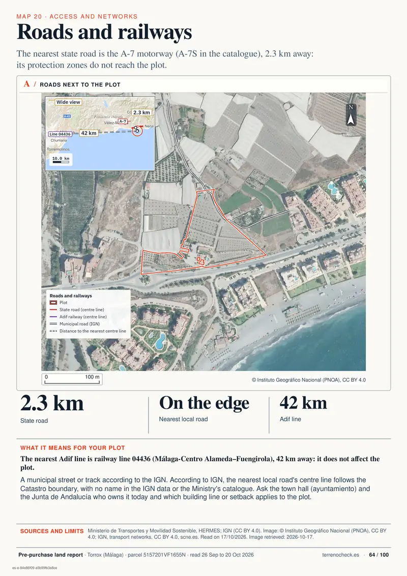 Page 64: Roads and railways. The A-7 motorway is 2.3 km away; its protection zones do not reach the plot.