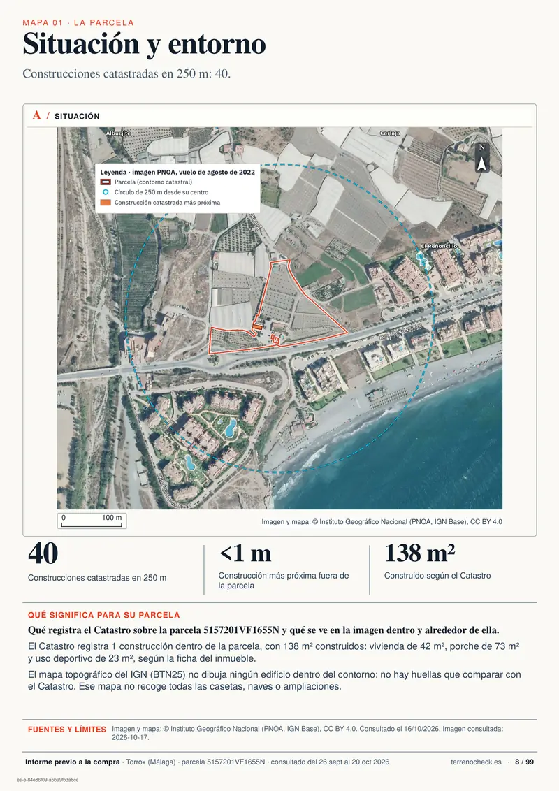 Página 8: Situación y entorno. El Catastro registra 40 construcciones en un radio de 250 m.