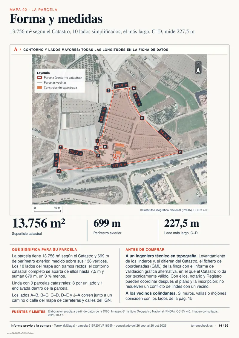 Página 14: Forma y medidas. La parcela tiene 13.756 m² y 10 lados simplificados; el más largo, C–D, mide 227,5 m.