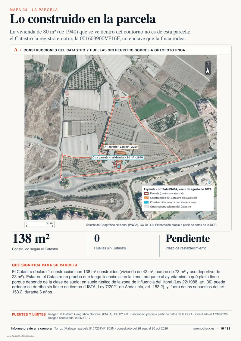 Página 16: Lo construido en la parcela. La vivienda de 80 m² que rodea el contorno pertenece a otra parcela catastral, la 001603900VF16F.