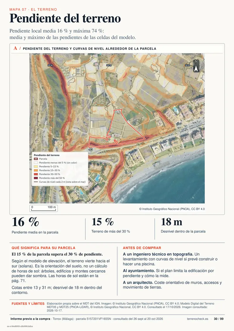 Página 30: Pendiente del terreno. La pendiente local media es del 16 % y la máxima del 74 % en las celdas del modelo.
