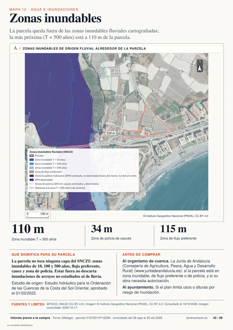 Página 42: Zonas inundables. Ninguna zona inundable fluvial cartografiada toca la parcela; la más próxima, de 500 años, está a 110 m.
