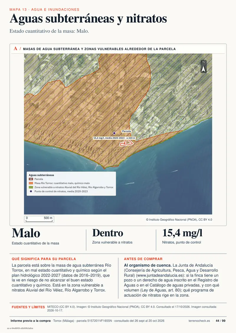 Página 44: Aguas subterráneas y nitratos. El estado cuantitativo de la masa de agua subterránea es malo.