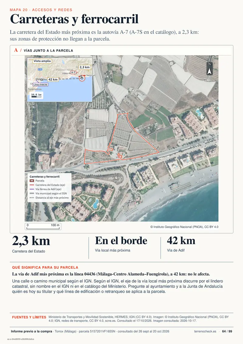 Página 64: Carreteras y ferrocarril. La autovía A-7 está a 2,3 km; sus zonas de protección no llegan a la parcela.